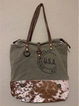 Myra Bag Canvas and Faux Fur Tote Shoulder Bag with USA Print Photo 0