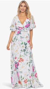 Betsy &‎ Adam Floral Maxi Dress 6 White Pink Flutter Sleeve Gown Photo 0