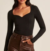 Abercrombie Soft AF Long Sleeve Sweethart Neckline Bodysuit Black XS Photo 0