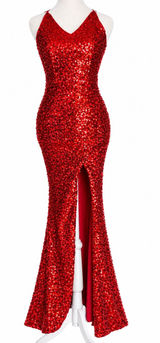 FAERIESTY Red Sequin Maxi Dress V-Neck Backless High Slit Formal Prom Gown XS Photo 0