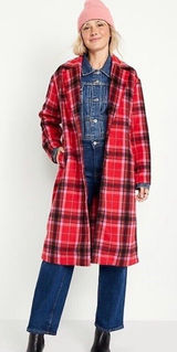 Old Navy Women’s Long Coat Red Tartan Plaid Oversized Soft Brushed Duster~L Photo 0