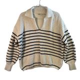 Zara Knit Rugby Sweater Womens Medium Cream Black Striped Collared Cotton Preppy Photo 0