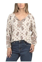 Lucky Brand Floral Print Bohemian Blouse Small Cream Long Sleeve Tassel Photo 0