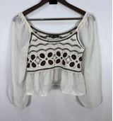 SHEIN Crochet Peasant Top Womens S Cream Brown Puff Sleeve Boho Cottagecore‎ Photo 0