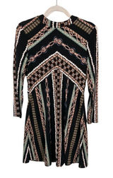 Free People Long Sleeve Geometric Print Mini Dress Black Rust‎ Front Zip Size M Photo 0