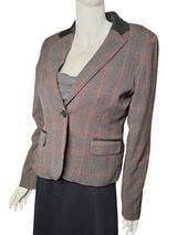 Willi Smith blazer wmns 8 Glen‎ plaid red gray faux leather collar single button Photo 0