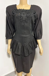 Vintage Moonglow Black Ramie Cotton Peplum Dress Floral Eyelet Embroidered L Photo 0