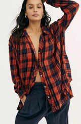 Free People Red & Blue Plaid Tunic Oversized Wool Blend Top(Size Small) Photo 0