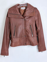 Y2K Vintage Leather Moto Jacket Cognac Brown Pelle Studio Funnel Neck M Photo 0