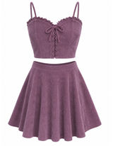 SheIn Y2K Purple Corduroy 2 Piece Lace Up Cami Crop Top Coquette Skater Skirt Medium Photo 0
