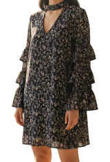 LE LIS Navy‎ Floral Long Sleeve Tiered Ruffle Trim Mini Shift Dress NWOT Large Photo 0