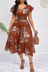 Brown Floral V-Neck Waist-Defining Ruffle Hem Midi Dress Photo 0