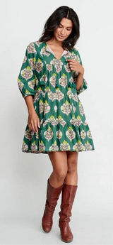 Pink Chicken Indira mini Dress Hunter Green Flower Sz Small boho peasant prairie Photo 0