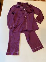 Women’s Small Purple Satin Button Front Long Sleeve Top and Pants Pajama Set Photo 0