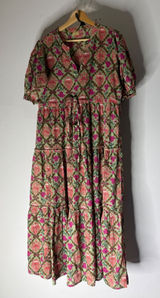 Anayna Floral Block Print Tiered Midi Dress Green Pink Cotton XL Boho V-Neck Photo 0
