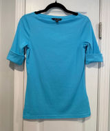 NWOT LRL Lauren Ralph Lauren Size S Blue Boat Neck Cuffed Sleeve Top Cotton Photo 0