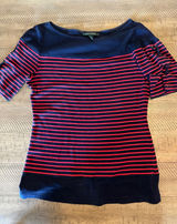 Lauren Ralph Lauren‎ Striped Nautical Boatneck Top – Lace-up Sleeves – Medium Photo 0