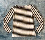 JCrew Cream Dark Blue Stripe Boat Neck Long Sleeve Tee XS Photo 0