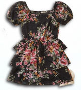 Floral Tiered Mini Dress Black Puff Sleeve Square Neck Ruffle Chiffon Summer Photo 0