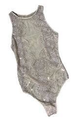 Sequin Festival Mesh Medallion Bodysuit Women M Gold Sheer Sleeveless Photo 0