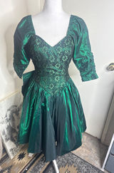 VTG 80s Emerald Green Taffeta & Black Lace Prom Dress Puff Sleeve Whimsigoth Photo 0