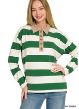 Zenana Striped Contrast Collar Polo Top - DK Green‎ - Small Photo 0