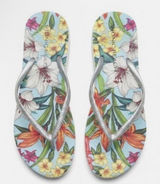Vionic Flip Flops Womens Beach Noosa Blue Tropical Floral Silver Sandals Size 8 Photo 0