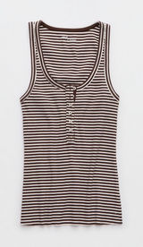 Aerie Henley Tank Top Womens XL Brown White Striped Ribbed Button Sleeveless Photo 0