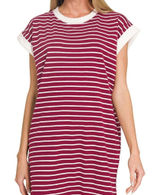 Zenana Contrast Trim Striped T-shirts‎ Dress Photo 0