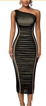 One Shoulder Black Rushed Bodycon Midi Dress Photo 0
