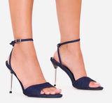 Express ZARA Denim High Heel Sandals Stiletto Silver Strappy Ankle Strap NWOT 39 Y2K Photo 0
