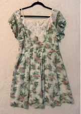 Disney Princess Floral Lace Cold Shoulder Dress XL Green Pink White Crochet Trim Photo 0