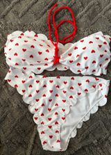Super adorable white bikini covered in red hearts. Scalloped edges Photo 0