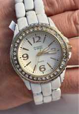 Embassy by Gruen White Enamel Crystal Bezel Quartz Watch Gold Tone Accents Photo 0