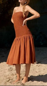 Anthropologie CELANDINE Strapless‎ Popcorn Midi Dress Burnt orange midi dress Photo 0