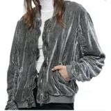 Free People Ruched Bomber Jacket Small Gray Plush Velvet Draped Zip #L6-6 Photo 0