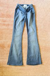 BDG Ruched Dipped Flare Jeans 24 Blue High Rise Stretch Raw Waist Photo 0
