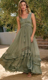 NWT Free People Santa Maria Maxi in Olive Green Crochet Lace Trim Dress XS Photo 0