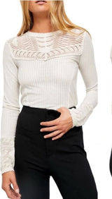 Free People Colette Cream Ribbed Knit Top Crochet Lace Yoke and Cuffs Size Lrg. Photo 0
