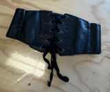 Black Faux Leather Lace Up Corset Elastic Waist Belt Snap Closure S/M Boho Photo 0
