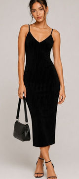 Forever 21 Black Ribbed Velvet Feel V-Neck Cami Midi Dress Size Small Photo 0
