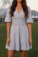NWT MAX STUDIO XS Mini dress blue white stripe cinched waist flutter sleeves Photo 0