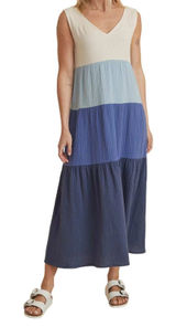 Marine Layer Corinne Colorblock Tiered Maxi Dress Womens S Blue Cotton Gauzy Photo 0
