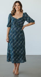 CAbi Elaine Multi Geometric Ruched Neckline,Midi Dress, Puff Sleeves, Smocking Photo 0