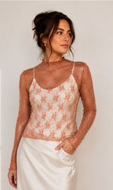 Sheer Floral Lace Mock Neck Long Sleeve Mesh Top Romantic Boho Y2K Brown Size XL Photo 0