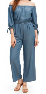 Magnolia‎ Skye NWT Boho Off-Shoulder Jumpsuit with Tie Sleeves Blue Chambray L Photo 0