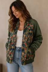 Francesca's Mi‎ Ami Floral Velvet Bomber Jacket Olive Green Satin Large NWOT Photo 0