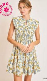 Umgee Honey Smocked Dress Cream Floral Button-Front Yellow Peter Pan collar Photo 0