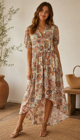 MSK orange blue floral lined dress wedding Small high low cinch waist Photo 0