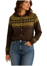 Misslook Sweater Size M Green Brown Fair Isle Button Up Cardigan Long Sleeve Y2K Photo 0